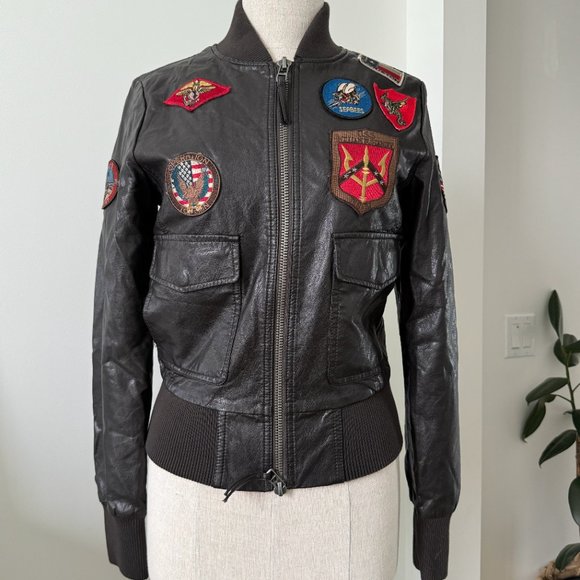 TOP GUN Women's Vegan Leather Brown Bomber Jacket Size S - Picture 3 of 9